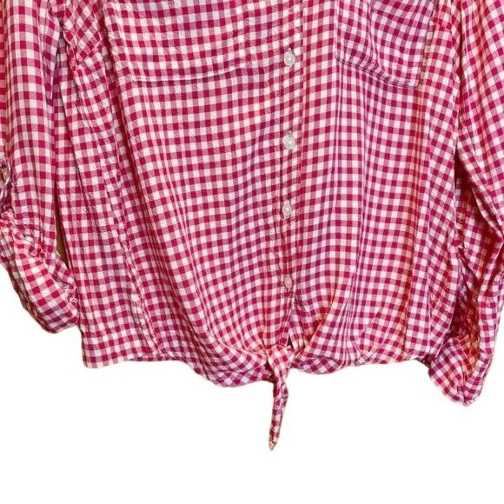 Jones New York Pink Baby Gingham V-Neck Button Up Tie Front Shirt Blouse Medium - Picture 3 of 6